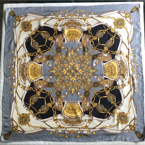 Silk Scarf - Gold Chains Tassels Filigree Design - Gray Black Cream Gold 34” - Picture 1 of 9